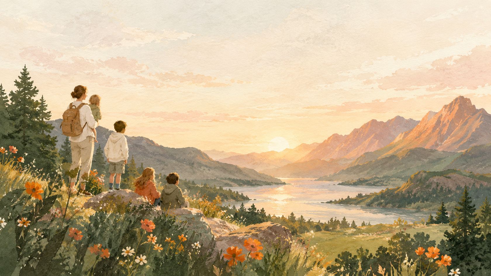A mother holding a toddler, with three children beside her, looking out over a lake and mountains at sunrise